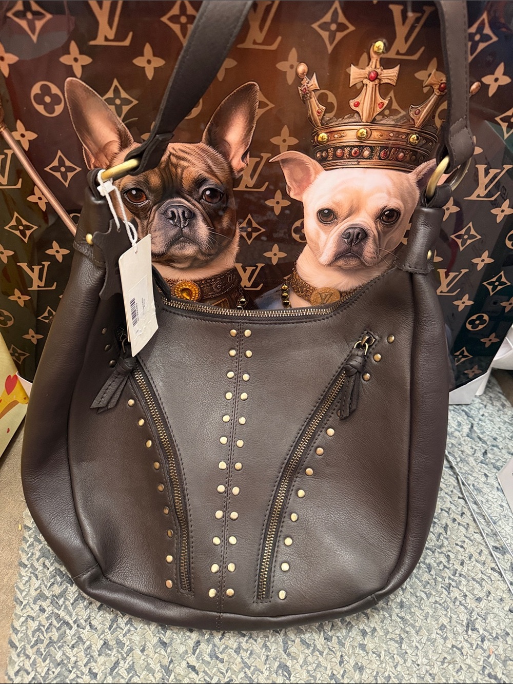 Genuine Leather Brown Studded Shoulder Hobo Bag